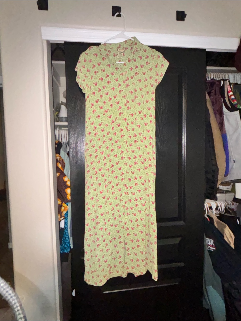 April cornell vintage 90s  Floral Green and Pink Short-Sleeve maxi tie back Dres